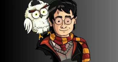 Cartoon illustration of Harry Potter with Hedwig the owl perched on his shoulder.