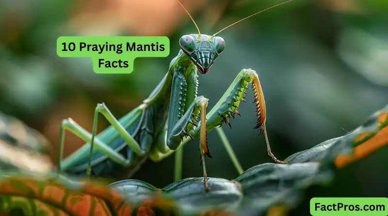 Praying mantis perched on a green leaf with the text '10 Praying Mantis Facts' in bold, clear font against a natural, soft-focus background of greenery.